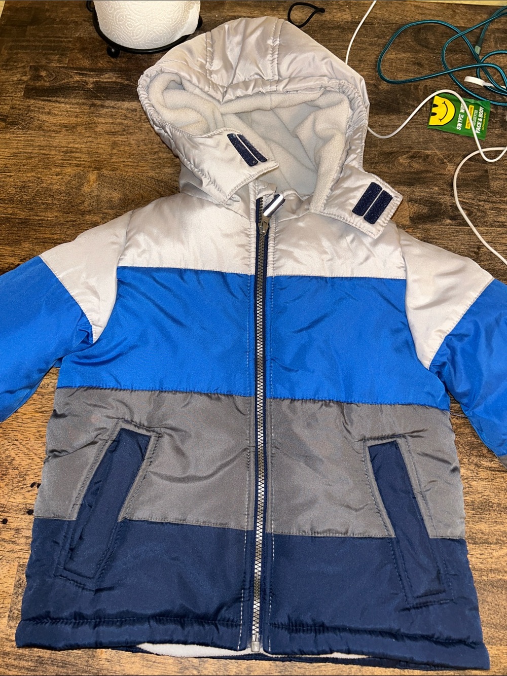OshKosh B'gosh Boys' Colorblock Hooded Puffer Jacket - Blue/Gray/Tan